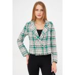 Armonika Kadın Yeşil-Siyah Kruvaze Yaka Tüvit Crop Ceket ARM-24K001014 - Yeşil - Siyah