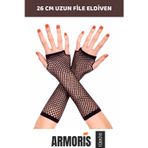 Armoris Fileeldiven Siyah Uzun Şık Parti Kostüm Sahne Kadın Esnek Aksesuar 26 Cm Eldiven