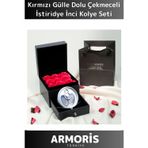 Armoris Yeni Özel Gün Hediye Sürpriz Kırmızı Gül Dolu Çekmeceli Kutu İstiridye İnci Kolye Seti