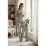 Arn Homewear Anne Kız Kombini Panda Desenli Çizgili Milan Pijama Takımı (Tek Takım Fiyatıdır) - Yeşil - 2XL