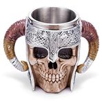 Arola Paslanmaz Çelik Çift Saplı Korna Kafatası Bira Fincanı, Viking Savaşçı Kafatası Kupa Tankard, Kahve/İçecek/Meyve Suyu için Ortaçağ Kafatası Bardak Takımı 480 ml.