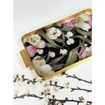 Arow Metal Çerçeveli Cam Tepsi Çiçek Desen 24/40 cm
