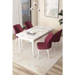 Arp Serisi 70x110 Sabit Mutfak Masası Takımı Beyaz Mermer Desen Masa 4 Bordo Sandalye