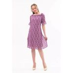 Arseno Kadın Lila Fırfırlı Kol Desenli Kayık Yaka Midi Elbise - Lila - Arsno39p03j-9D5-38Lıl