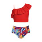 Arshiner Kız çocuk mayosu, iki parçalı çocuk bikini seti, ayarlanabilir omuz askısı, tankini fırfırlı mayo, deniz kızı, Hawaii plaj modası, yüzme kıyafeti, 5-13 yaş, Kırmızı, 160