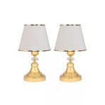 Art Deco Tarz Kristal Taş Süslü Metal Ayak Ve Gold Şeritli Krem Başlık 2'Li Abajur Seti İki Adet