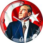 Art Hediye Atatürk Arkada Bayrak Çap 30CM Sessiz Akar Bombeli Gerçek Cam Duvar Saati