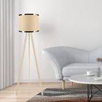 Art ve Gift Krem Ahşap Üç Ayaklı Tripod Lambader Bej Kumaş Hazır Başlık Gold Şeritli Köşe Lambası