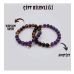 Artaril Doğal Taş Sevgililer Günü Çift Bilekliği İyi Şans Etkili İletişim Ametist Kaplan Gözü 8MM