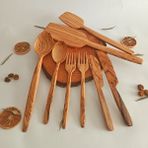 Artful Wooden Ahşap Tahta Kaşık, Spatula, Çatal, Bıçak Seti - El Yapımı - Zeytin Ağacı
