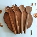 Artful Wooden Ahşap Tahta Servis, Sunum, Yemek Kaşık Spatula ve Salata Servis Kaşığı Seti - Ceviz Ağacı