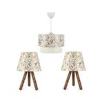 Artgift 3 Lü Pasta Avize Ve Abajur Seti Zeytin Dalı Desen Süet Kumaş Yatak Odası Salon Sarkıt
