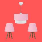 Art&Gift Ahşap Ayak Pembe Kumaş Başlık Yatak Odası Çocuk Odası Salon Üçlü Avize ve Abajur Seti