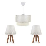 ArtGift Üçlü Avize Ve Abajur Seti Ahşap Ayak Beyaz Dantel Kumaş Başlık