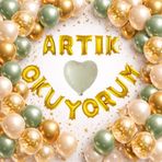 Artık Okuyorum Folyo Harf Balon Küf Yeşili Gold Konfetili Okuma Bayramı Temalı Süsleme Çok Renkli