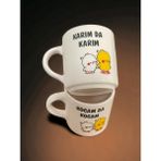 Artistic Quality Dekoratif Karımda Karım Kocamda Kocam Baskılı Çay Kahve Fincanı-Kupa-Mug 2 Adet - Beyaz - Sarı