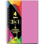 Artlantis 3 + 1 Ayraçlı Defter 4 Konulu 100 Yaprak 1 Adet 3 Kareli 1 Çizgili Spralli Plastik Kapak Seperatörlü - Pembe - Standart