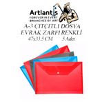 Artlantis A3 Çıtçıtlı Dosya 5 Adet Renkli A-3 Çıt çıtlı Zarf Dosya Transparan 47x33.5 cm Büyük Boy Çıtçıtlı Dosya
