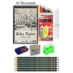 Artlantis A3 Eskiz Defteri Spralli 50 Yaprak Karakalem Çizim Seti Gölgelendirme Kalemi Kuruboya Hamur Silgi Fatih Dereceli Kalem Çok Renkli