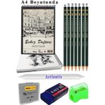 Artlantis A4 120 Gr Eskiz Defteri Telli 7 Adet Dereceli Kalem Çizim Seti Pastel Dağıtma Silgi Karakalem Eskiz Seti Kalemtraş