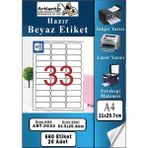 Artlantis A4 33 Lü Hazır Etiket 63.5X25.4 mm 20 Sayfa 1 Paket Kendinden Yapışkanlı Fotokopi Lazer Inkjet Kağıdı Yazıcılar Için - Standart
