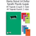 Artlantis A4 Okul Defteri Spiralli Plastik Kapak 40 Yaprak Çizgili 2 Adet ve 40 Yaprak Kareli 2 Adet Spralli Harita Metod - Çok Renkli - Standart
