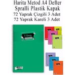 Artlantis A4 Okul Defteri Spiralli Plastik Kapak 72 Yaprak Çizgili 3 Adet ve 72 Yaprak Kareli 3 Adet Spralli Harita Metod - Renkli - Standart