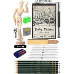 Artlantis Ahşap Insan Modeli 30 cm A5 Eskiz Defteri Dereceli Karakalem Seti Dağıtma Kalemi Zımpara Kalem Uzatma Aparat Hamur Silgi - Standart - Naturel