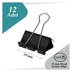 Artlantis Çelik Kıskaç Klips 19 mm 12 Adet 1 Paket Metal Mandal Binder Clips Kıska 30 Sayfa Kapasiteli Çok Amaçlı Kullanım