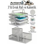 Artlantis Gümüş Gri Metal Evrak Rafı 3 Lü Ve Masaüstü Kalemlik 1 Paket Masaüstü A4 Dosya 3 Katlı Düzenleyici Kağıt Tepsisi Metal