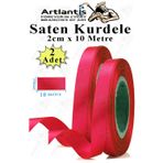 Artlantis Kırmızı Kurdele Saten 2 Cm 10 Metre 2 Adet Saten Kurdela Parlak Hediye ve Süsleme Şeridi Süs Paketleme Çiçek Saç El