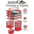 Artlantis Kırmızı Metal Evrak Rafı 3 Lü ve Masaüstü Kalemlik 3 Lü 1 Paket Masaüstü A4 Dosya 3 Katlı Düzenleyici Kağıt Tepsisi - Standart