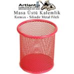Artlantis Kırmızı Silindir Masa Üstü Kalemlik 1 Adet Metal Fileli Renkli Perforeli Yuvarlak Kalemlik Ofis Büro Okul - Standart - 9x10cm