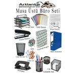 Artlantis Masa Üstü Ofis Seti 1 Paket Evrak Rafı Kalemlik Zımba Makinesi Çöp Kovası Delegeç Küp Notluk