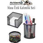 Artlantis Masa Üstü Siyah Fileli Kalemlik Seti 3 Parça 1 Paket 3 Lü Masa Üstü Düzenleyici Kalemlik Küp Notluk Ataşlık - Standart