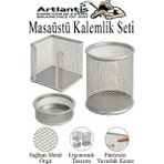 Artlantis Masaüstü Fileli Kalemlik Seti 3 Parça 1 Paket 3 Lü Masa Üstü Düzenleyici Kalemlik Küp Notluk Ataşlık - Gümüş - Gri - Standart