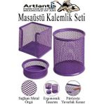 Artlantis Masaüstü Fileli Kalemlik Seti 3 Parça 1 Paket 3 Lü Masa Üstü Düzenleyici Kalemlik Küp Notluk Ataşlık - Mor - Standart