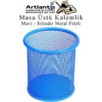 Artlantis Mavi Silindir Masa Üstü Kalemlik 1 Adet Metal Fileli Renkli Perforeli Yuvarlak Kalemlik Ofis Büro Okul - Standart - 9x10cm