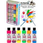 Artlantis Monalisa Akrilik Boya 6 Renk x 70 ml Fosforlu Neon Renkler 1 Paket ve Yuvarlak Resim Paleti Fırçalı 1 Paket 10 Hazneli Boya Paleti Sanatsal Boyalar Için Palet Akrilik Boya