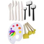Artlantis Palet Rulo Fırça Ponpon Fırça ve Plastik Spatula 4'lü Set 1 Paket Resim Hobi Sanat Et - Çok Renkli