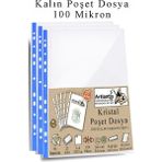 Artlantis Poşet Dosya A4 Kristal 25 Adet Kalın Poşet Dosya Föy Mavi Şeritli 100 Mikron Şeffaf Belge Arşivleme Büro Ofis Okul - 23,6X30,6cm