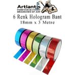Artlantis Renkli Hologram Bant 6 Renk 1 Paket 18MM x 3 Metre Yaldızlı Metalik Desenli Fosforlu Hologram Bant Hobi Tasarım - Standart