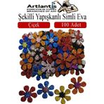 Artlantis Şekilli Simli Eva Yapışkanlı Çiçek 100 lü 1 Paket Kendinden Yapışkanlı Simli Eva Sticker Okul Öncesi Kreş Ana Sınıfı