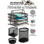 Artlantis Siyah Metal Evrak Rafı 3 Lü ve Masaüstü Kalemlik 3 Lü 1 Paket Masaüstü A4 Dosya 3 Katlı Düzenleyici Kağıt Tepsisi - Standart