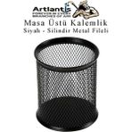 Artlantis Siyah Silindir Masa Üstü Kalemlik 1 Adet Metal Fileli Renkli Perforeli Yuvarlak Kalemlik Ofis Büro Okul - Standart - 9x10cm