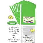 Artlantis Telli Dosya Plastik A4 10 Lu ve Poşet Dosya 50 Li 1 Paket Ekonomik Şeffaf Kapak Telli Dosya Okul Büro Ofis - Açık Yeşil