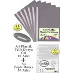 Artlantis Telli Dosya Plastik A4 10 Lu ve Poşet Dosya 50 Li 1 Paket Ekonomik Şeffaf Kapak Telli Dosya Okul Büro Ofis - Gri