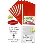 Artlantis Telli Dosya Plastik A4 10 Lu ve Poşet Dosya 50 Li 1 Paket Ekonomik Şeffaf Kapak Telli Dosya Okul Büro Ofis - Kırmızı