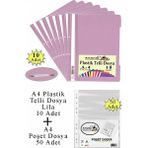 Artlantis Telli Dosya Plastik A4 10 Lu ve Poşet Dosya 50 Li 1 Paket Ekonomik Şeffaf Kapak Telli Dosya Okul Büro Ofis - Lila