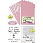 Artlantis Telli Dosya Plastik A4 10 Lu ve Poşet Dosya 50 Li 1 Paket Ekonomik Şeffaf Kapak Telli Dosya Okul Büro Ofis - Pastel Pembe